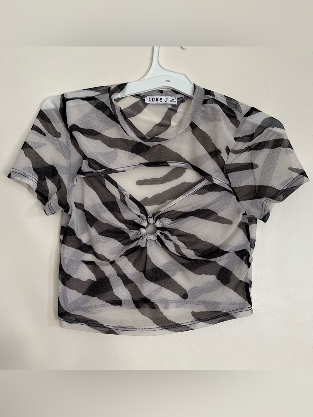 LOVE J Black & White Zebra Mesh Twist-Front Crop Top in a size Medium